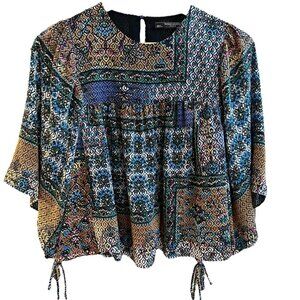 Zara‎ Trafaluc Top Blouse Geometric Patterned Keyhole Back Tie Details Medium